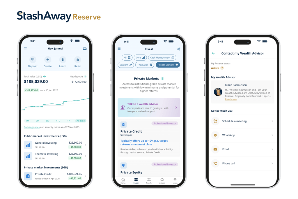 StashAway Reserve clients get seamless access to both public and private market investments and a dedicated wealth advisor through their mobile app or web app.